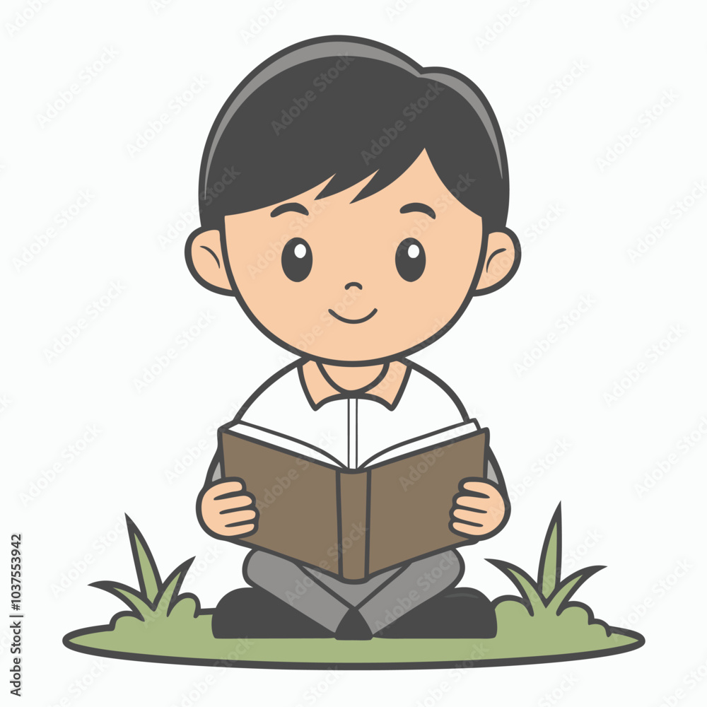 Boy Reading Book Outline Vector Illustration | Minimalist Line Art on White Background Boy Reading Book Outline Vector Illustration | Minimalist Line Art on White Background