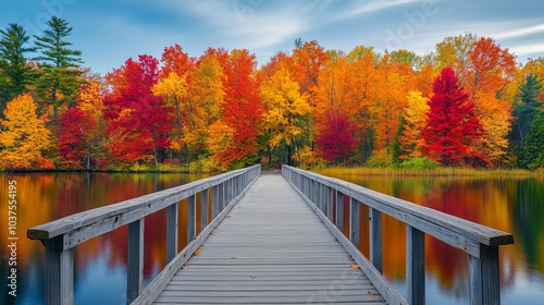 Brightly colored autumn trees lining a boardwalk in late fall, located in Michigan's upper peninsula, creating a serene seasonal landscape