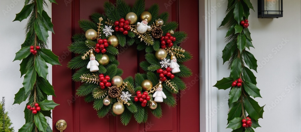 Festive doorway decorated with charming winter chaplet Festive doorway decorated with charming winter chaplet