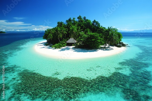 Fond d'écran île paradisiaque tropicale entourée d'une mer turquoise et de coraux

