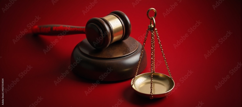 Gavel and Scales depicting justice against a vivid red backdrop Gavel and Scales depicting justice against a vivid red backdrop