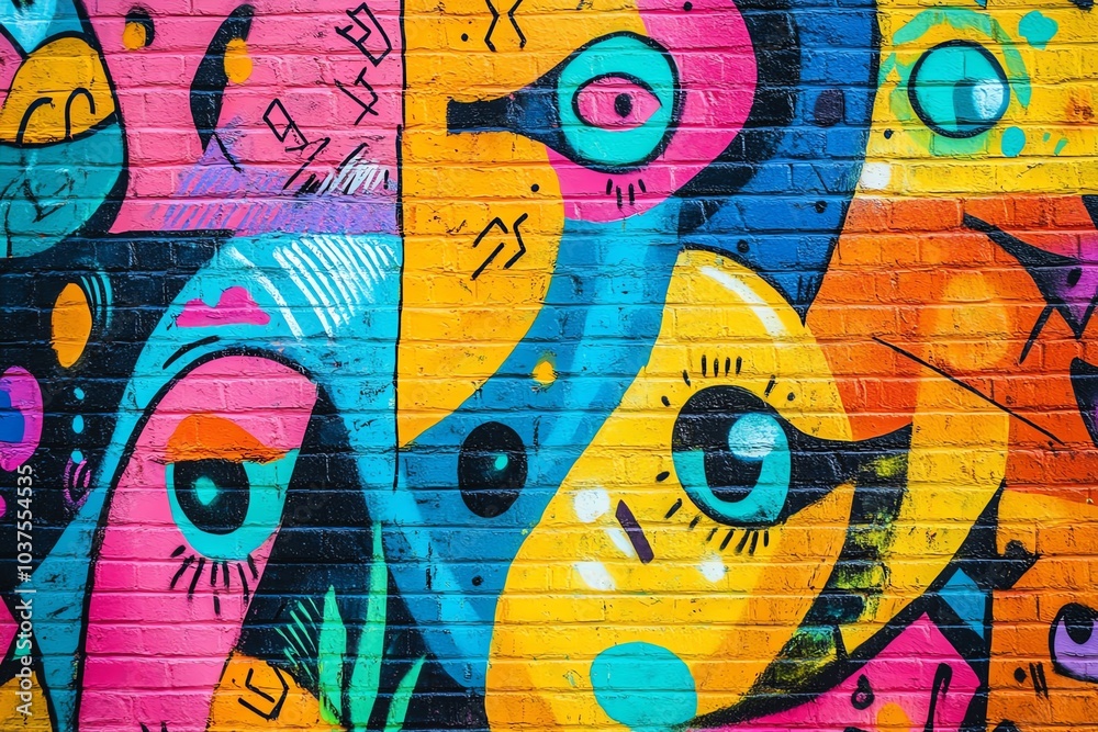 Art mural abstrait avec des visages stylisés et des couleurs vives
Art mural abstrait avec des visages stylisés et des couleurs vives