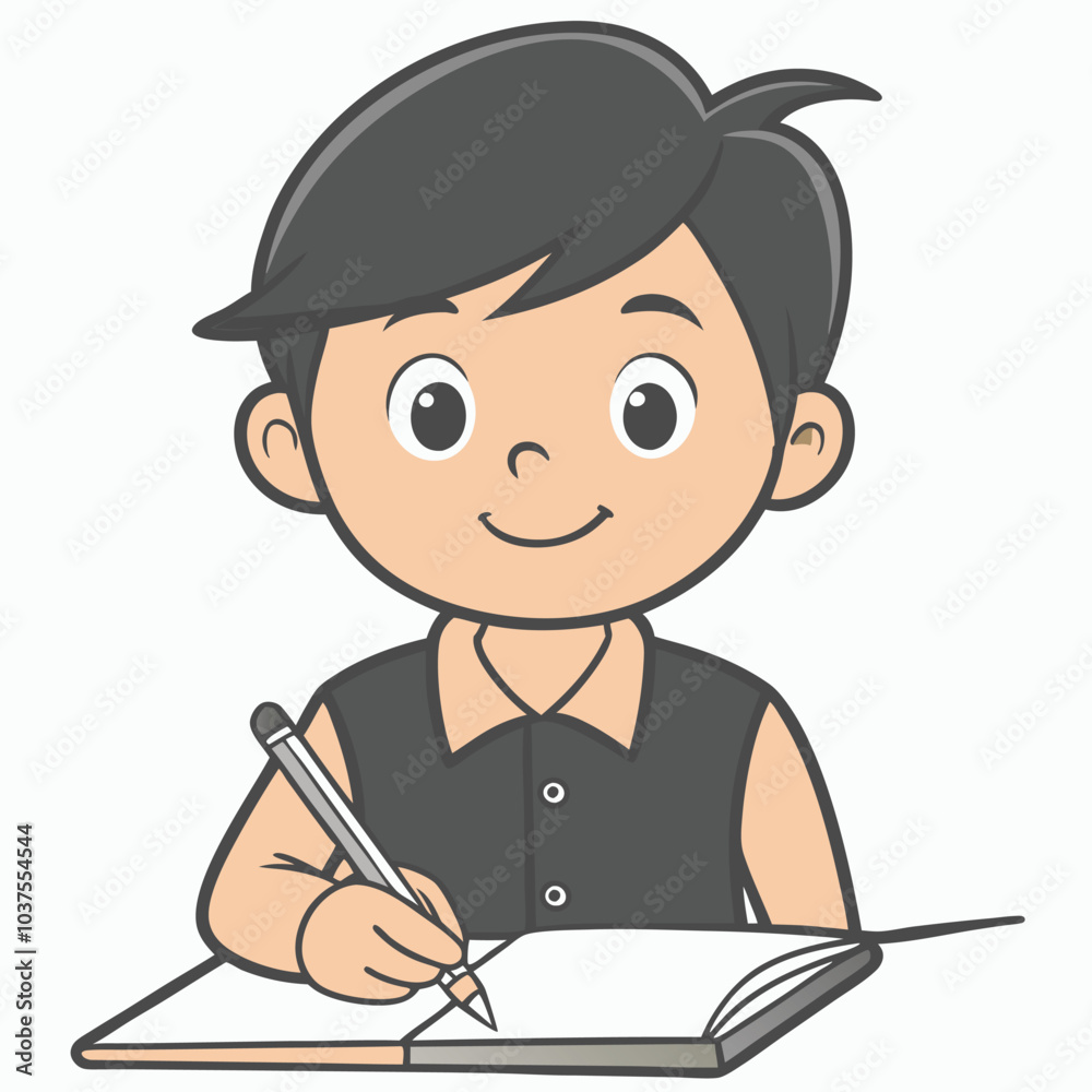 Boy Reading Book Outline Vector Illustration | Minimalist Line Art on White Background