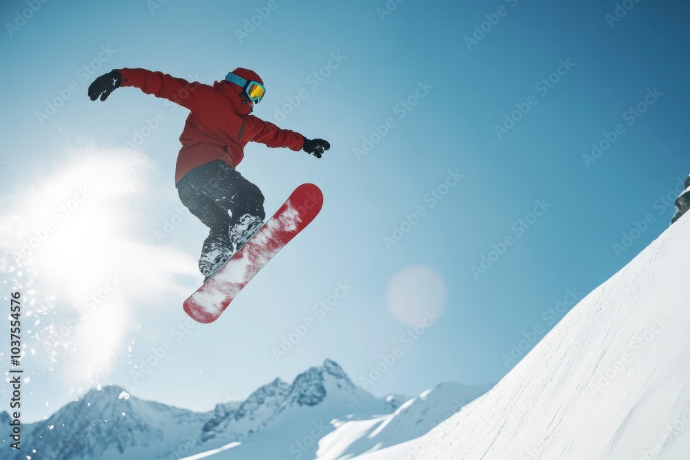 Snowboarder Leaping Against Mountain Backdrop Snowboarder Leaping Against Mountain Backdrop