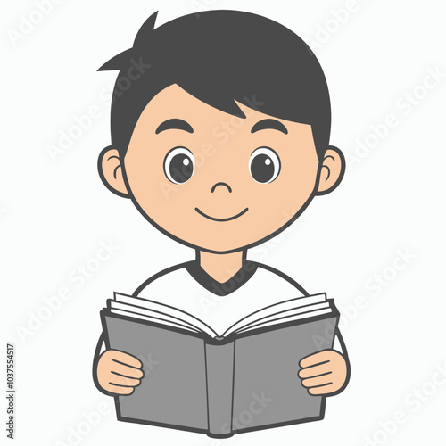 Boy Reading Book Outline Vector Illustration | Minimalist Line Art on White Background