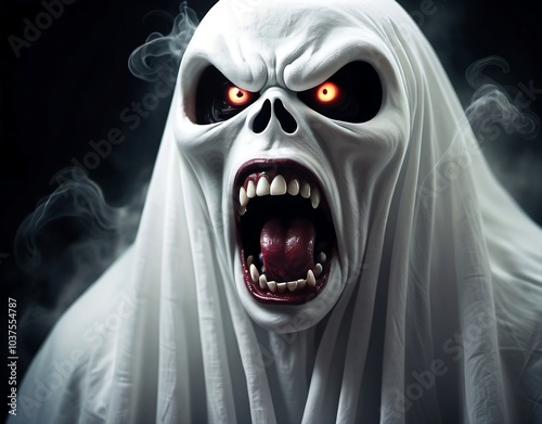 Scary looking ghost with open mouth nd smoke on the black background. Author Artist Nadia Russ.	