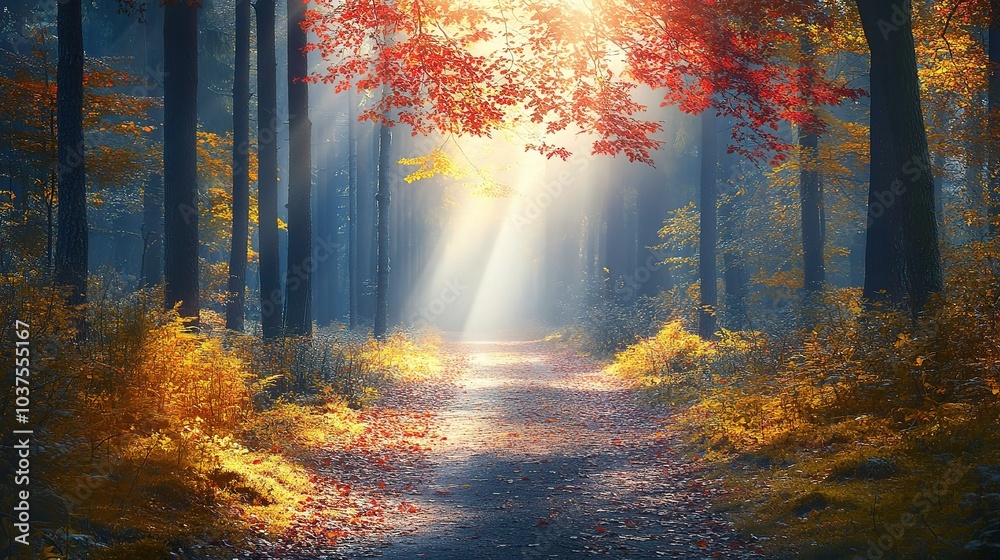 Obraz premium Autumn Path Sunlight Forest Mystique 