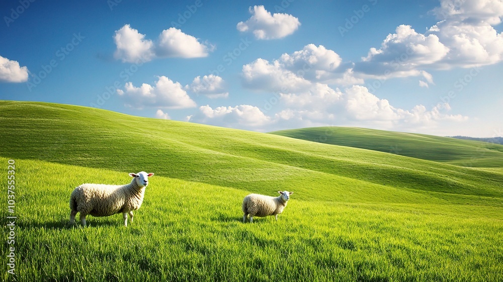 Fototapeta premium Serene Meadow: Two sheep graze peacefully in a lush, rolling meadow under a sky filled with fluffy clouds. The image evokes a sense of tranquility and pastoral beauty. 