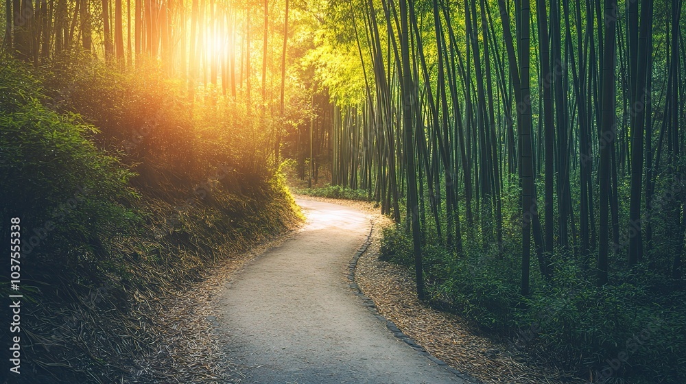 Fototapeta premium Sunlit Bamboo Forest Path 