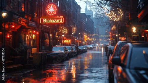 A bustling city street illuminated by neon signs in rainy weather, featuring a prominent Biohazard sign, festive decorations, and parked cars