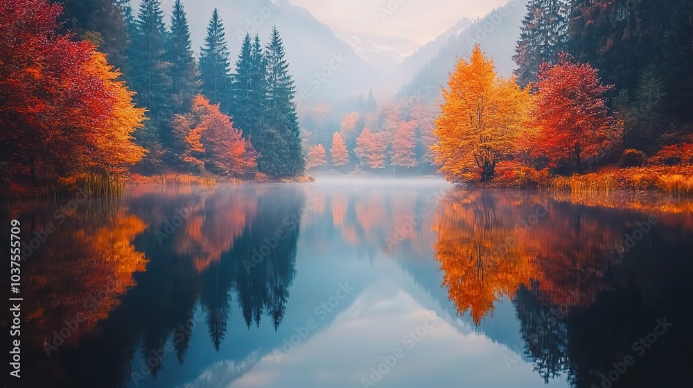 Fototapeta premium Autumnal Reflections: Serene lake mirroring vibrant fall foliage. Misty mountain landscape, picturesque autumn scenery. 