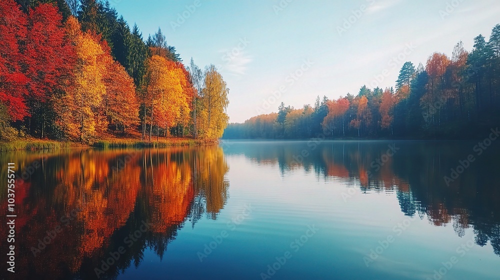 Obraz premium Autumn Serenity: A tranquil lake reflects the vibrant hues of fall foliage, creating a picturesque landscape of nature's artistry. 
