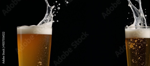 Slow-motion capture of a beer glass splash against a black backdrop photo