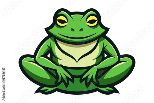Cute green amphibian frog, a vector cartoon animal illustration, is sitting isolated on white with a happy smile