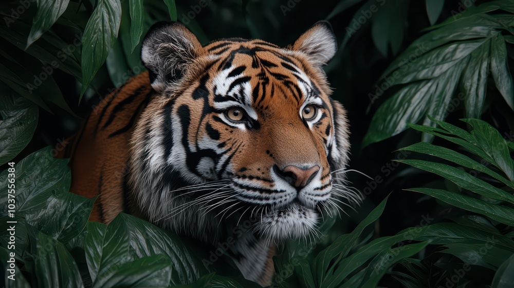 A majestic tiger lurking in dense foliage, showcasing its powerful presence and stunning fur patterns. A majestic tiger lurking in dense foliage, showcasing its powerful presence and stunning fur patterns.