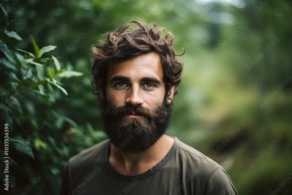 Portrait of handsome man with long beard and mustache in green forest Portrait of handsome man with long beard and mustache in green forest
