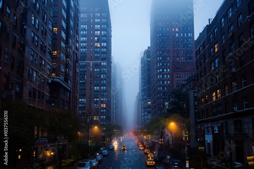 Misty evening street scene framed by tall brick buildings, glowing streetlights, and a soft urban haze