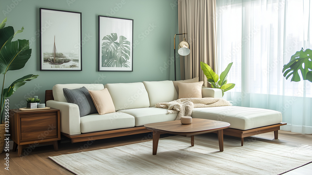 custom made wallpaper toronto digitalLiving Room Interior with Soft Mint Green Walls and Walnut Coffee Table, Modern and Cozy Home Design with Elegant Decor