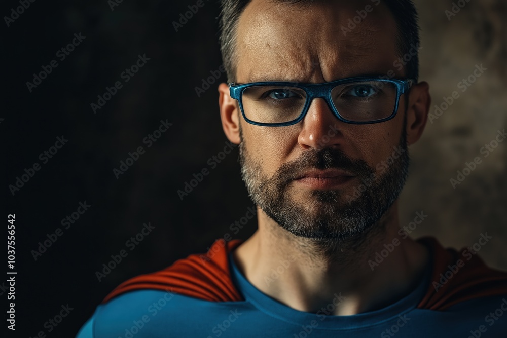 Fototapeta premium A man with glasses and a red and blue Superman costume. He is looking at the camera. The image has a dark mood and a sense of mystery