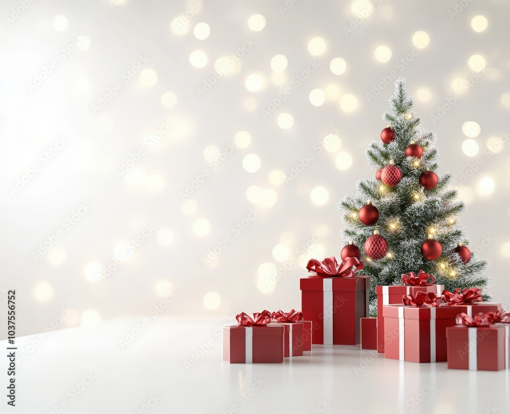 Christmas background with a white table and red gift boxes, a white wall with bokeh lights in the background, Christmas tree decorations, and space for product presentation mock-up Christmas background with a white table and red gift boxes, a white wall with bokeh lights in the background, Christmas tree decorations, and space for product presentation mock-up