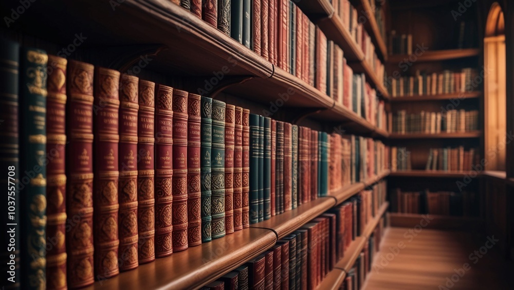 CloseUp of Colorful Hardcover Books on Wooden Shelves in a Library Focus on the Spines of Books in a Quiet Reading Environment CloseUp of Colorful Hardcover Books on Wooden Shelves in a Library Focus on the Spines of Books in a Quiet Reading Environment