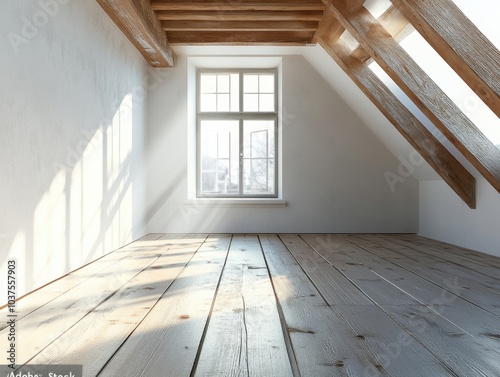 A large room with a window and wooden floor