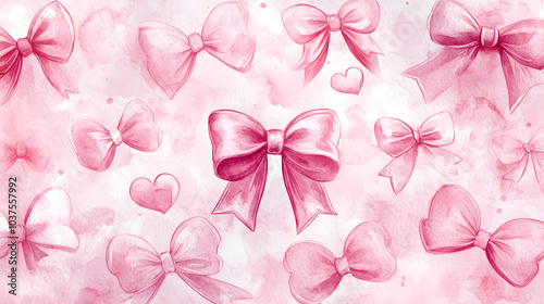 Whimsical Sweet Pink Heart Pattern with Bows for Romantic Valentine's Day Fabric