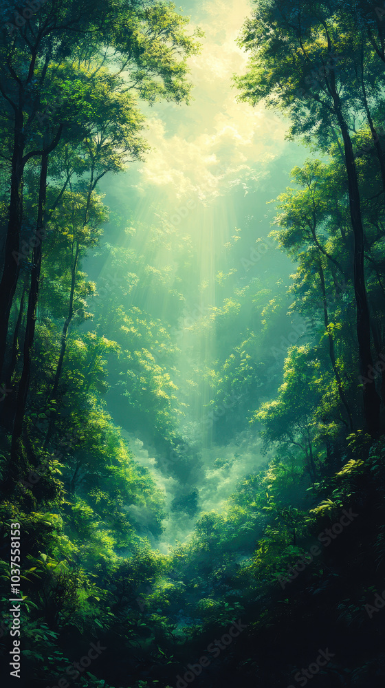 Mystical Forest with Dense Foliage and Sunlight Breaking Through Fog Creates Surreal and Enchanting Atmosphere Mystical Forest with Dense Foliage and Sunlight Breaking Through Fog Creates Surreal and Enchanting Atmosphere