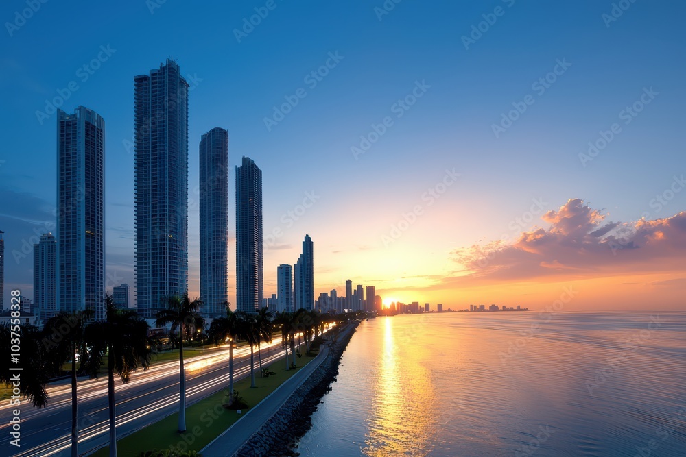 City skyline at sunset with tall buildings along the water and reflected clouds, creating a stunning scenic view. City skyline at sunset with tall buildings along the water and reflected clouds, creating a stunning scenic view.