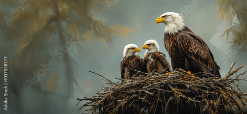 Eagle Family Nestled in Lush Forest: Majestic Eagles Nurturing in Serene Nature Setting, Wildlife Parenting and Spectacular Birds of Prey photo