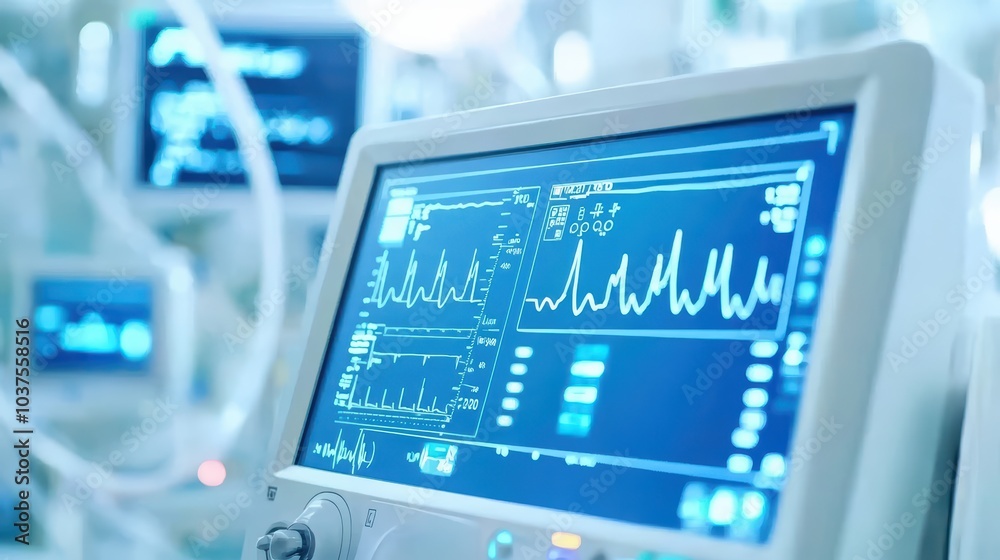 Close-up of a medical monitor displaying vital signs data in a clinical environment. Close-up of a medical monitor displaying vital signs data in a clinical environment.