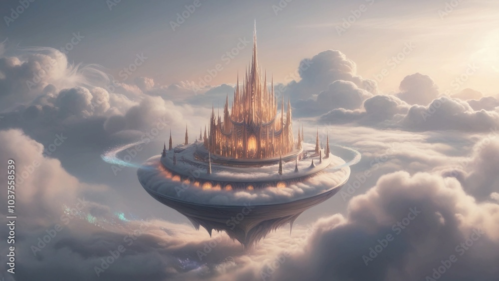 A floating city among the clouds, representing a dreamlike fantasy world, mystical adventure, and magical realms A floating city among the clouds, representing a dreamlike fantasy world, mystical adventure, and magical realms
