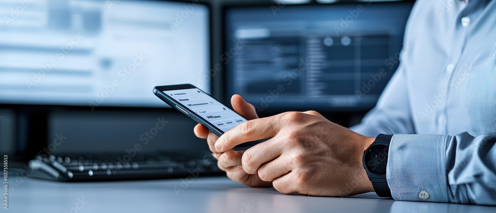 Close-up of a person using a smartphone while working at a computer desk.