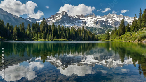 Beautiful lake in a forest between snow capped mountains.