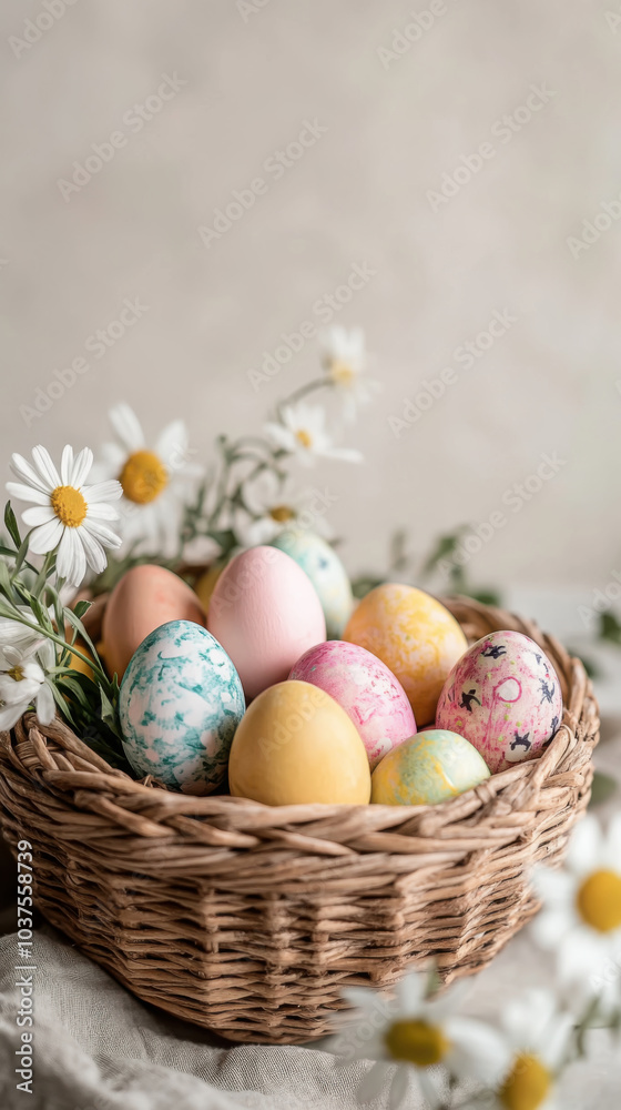 Vibrant easter eggs in woven basket with fresh daisies on neutral background Vibrant easter eggs in woven basket with fresh daisies on neutral background