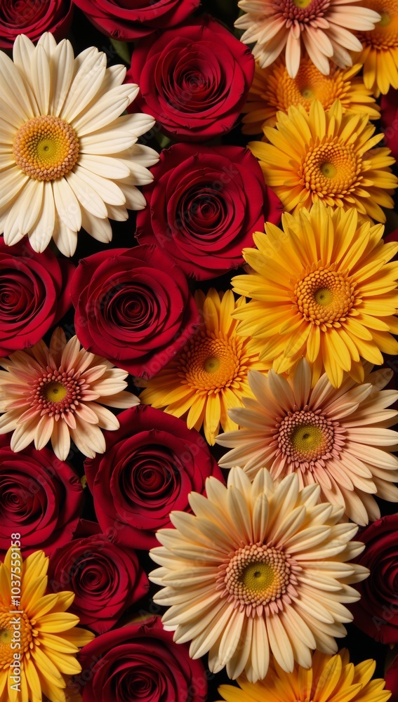 Floral composition showcasing interwoven patterns of roses chrysanthemums and marigolds Floral composition showcasing interwoven patterns of roses chrysanthemums and marigolds