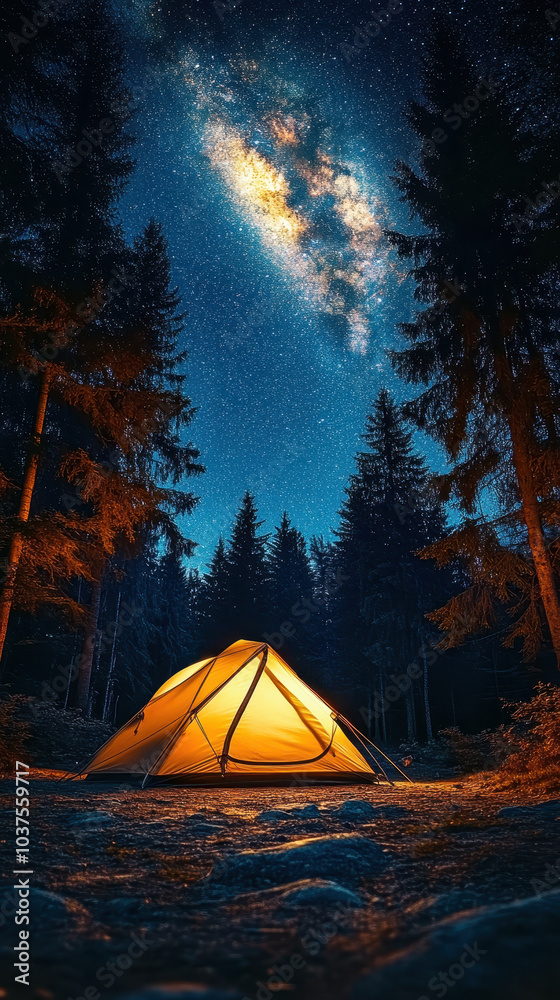 Glowing Tent in Enchanted Forest Under Starry Night Sky with Milky Way for Camping Adventure and Stargazing Glowing Tent in Enchanted Forest Under Starry Night Sky with Milky Way for Camping Adventure and Stargazing