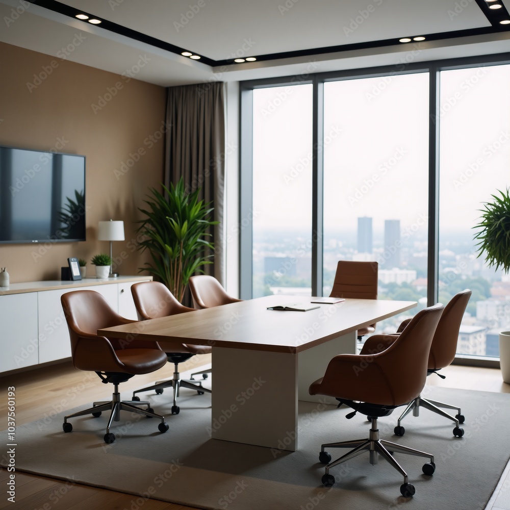 Fototapeta premium A CEOs workspace featuring an office interior with a meeting table armchairs positioned next to a window