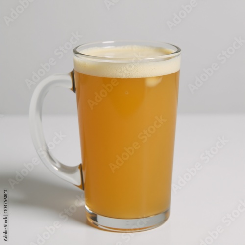 Apple juice in a handled glass set against a pristine white backdrop