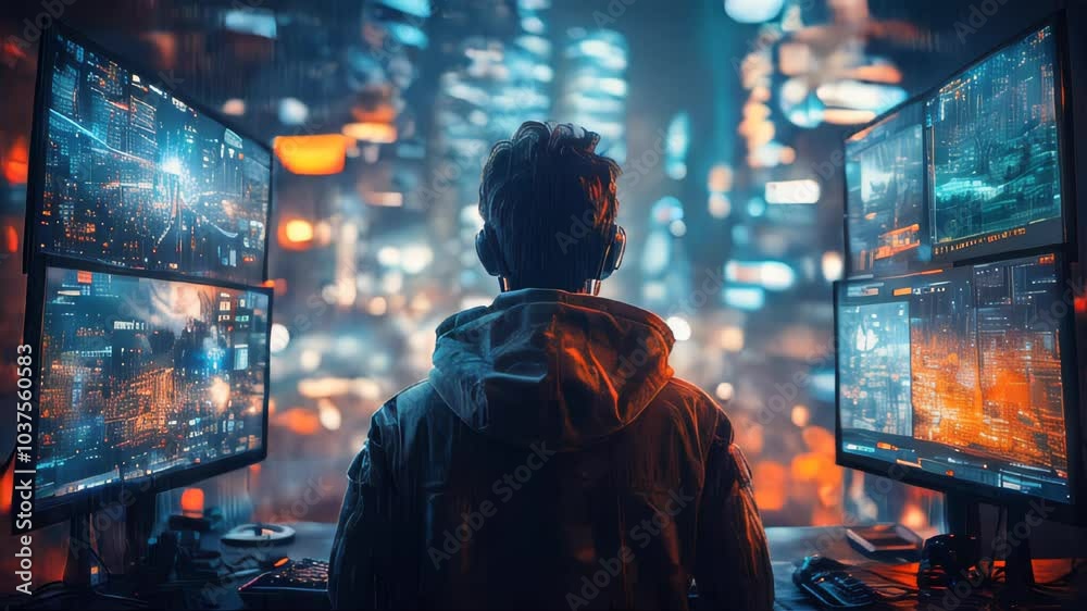 Young man focuses on his computer screen, gaming in a neon-lit room, with raindrops on the window. Intense gamer setup in urban night environment Young man focuses on his computer screen, gaming in a neon-lit room, with raindrops on the window. Intense gamer setup in urban night environment