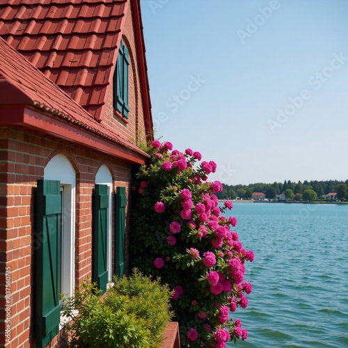 A red-roofed house sits amidst pink flowers overlooking tranquil waters photo
