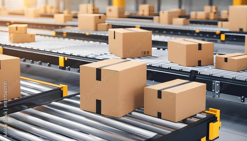dynamic conveyor belt filled with cardboard boxes in a busy warehouse ...