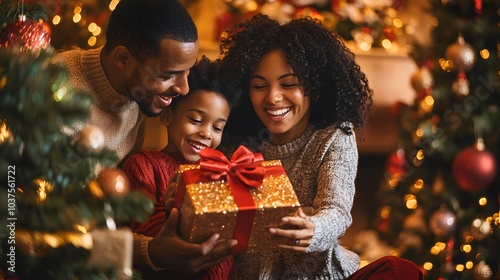 A Young Child Opening a Christmas Gift with Their Parents photo