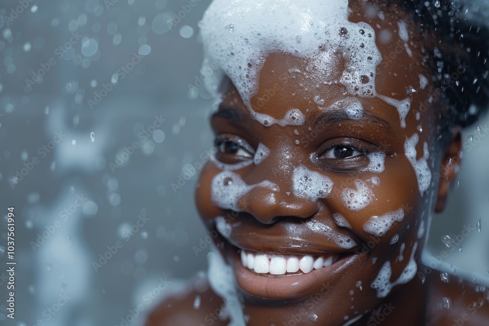 A person with soap bubbles on their face smiles in a shower. Concept of cleanliness and joy. For use in skincare or hygiene product advertisements. A person with soap bubbles on their face smiles in a shower. Concept of cleanliness and joy. For use in skincare or hygiene product advertisements.