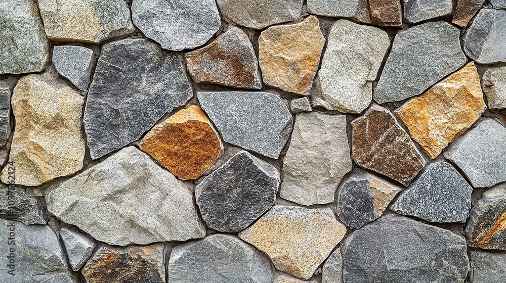 Obraz premium Rustic Stone Wall Texture: A captivating close-up revealing the intricate details and earthy tones of a natural stone wall, perfect for design projects seeking an organic and textured aesthetic.