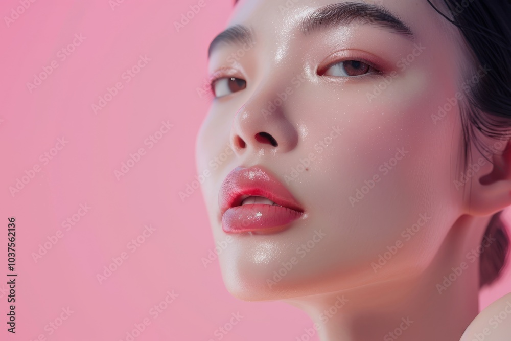 A close-up of a person's glossy lips and dewy skin against a pink background. Concept is beauty and skincare. For skincare or cosmetic advertising. A close-up of a person's glossy lips and dewy skin against a pink background. Concept is beauty and skincare. For skincare or cosmetic advertising.