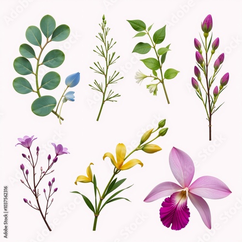 Watercolor illustration featuring assorted botanicals eucalyptus herbs branches wildflowers and an orchid for floral-inspired botanical clip art