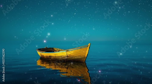 Serene wooden boat gently floating on a calm ocean at night, surrounded by the tranquil beauty of the starry sky
 Seamless looping 4k time-lapse virtual video animation Generated AI