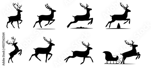 set of deer silhouettes, reindeer black silhouette on transparent background