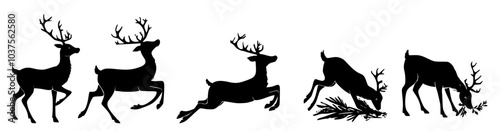 set of deer silhouettes, reindeer black silhouette on transparent background